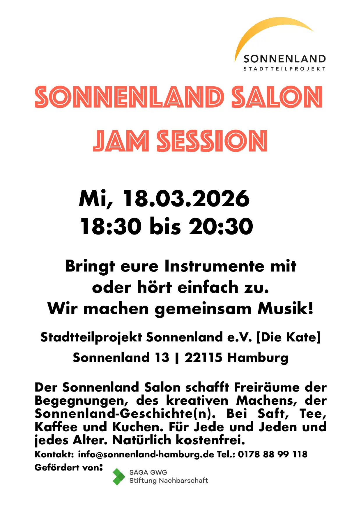 Mi, 18.03.2026 Sonnenland Salon Jam Session
18.30 bis 20.30 Uhr Bringt eure Instrumente mit oder hört einfach zu. Wir machen gemeinsam Musik!