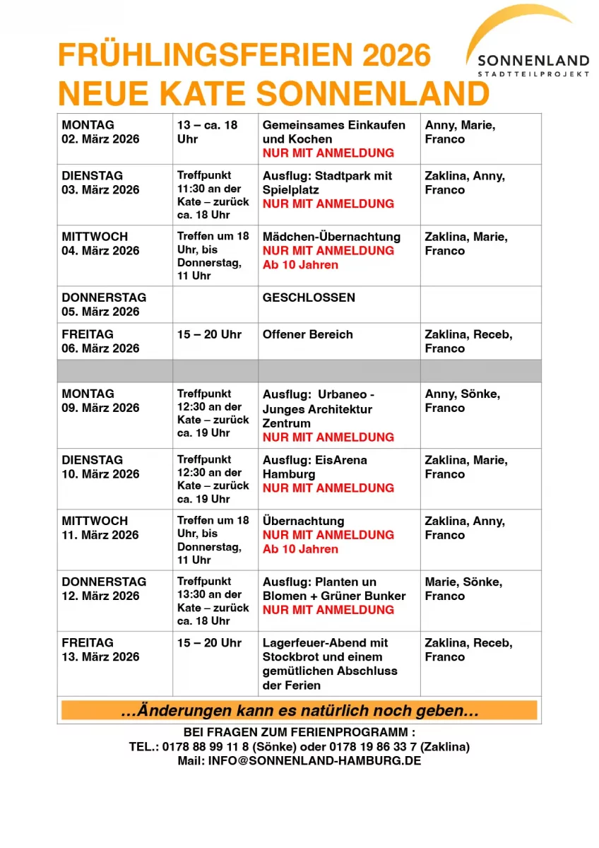 Eine Reihe von Angeboten in den Frühjahrsferien 2026 vom 2. bis zum 13. März