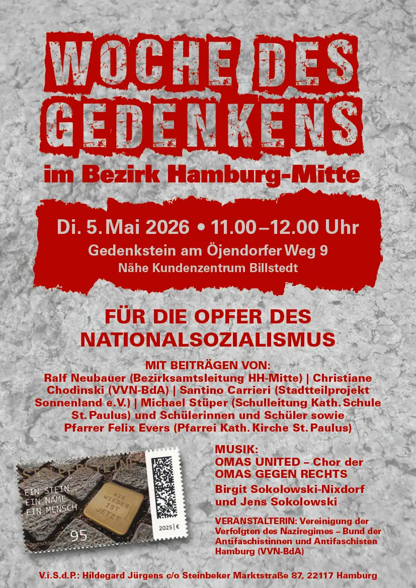 Woche des Gedenkens im Bezirk Hamburg-Mitte, Dienstag 5. Mai 2026, 11-12 Uhr, Gedenkstein Öjendorfer Weg 9, Nähe Kundenzentrum Billstedt, Für die Opfer des Nationalsozialismus